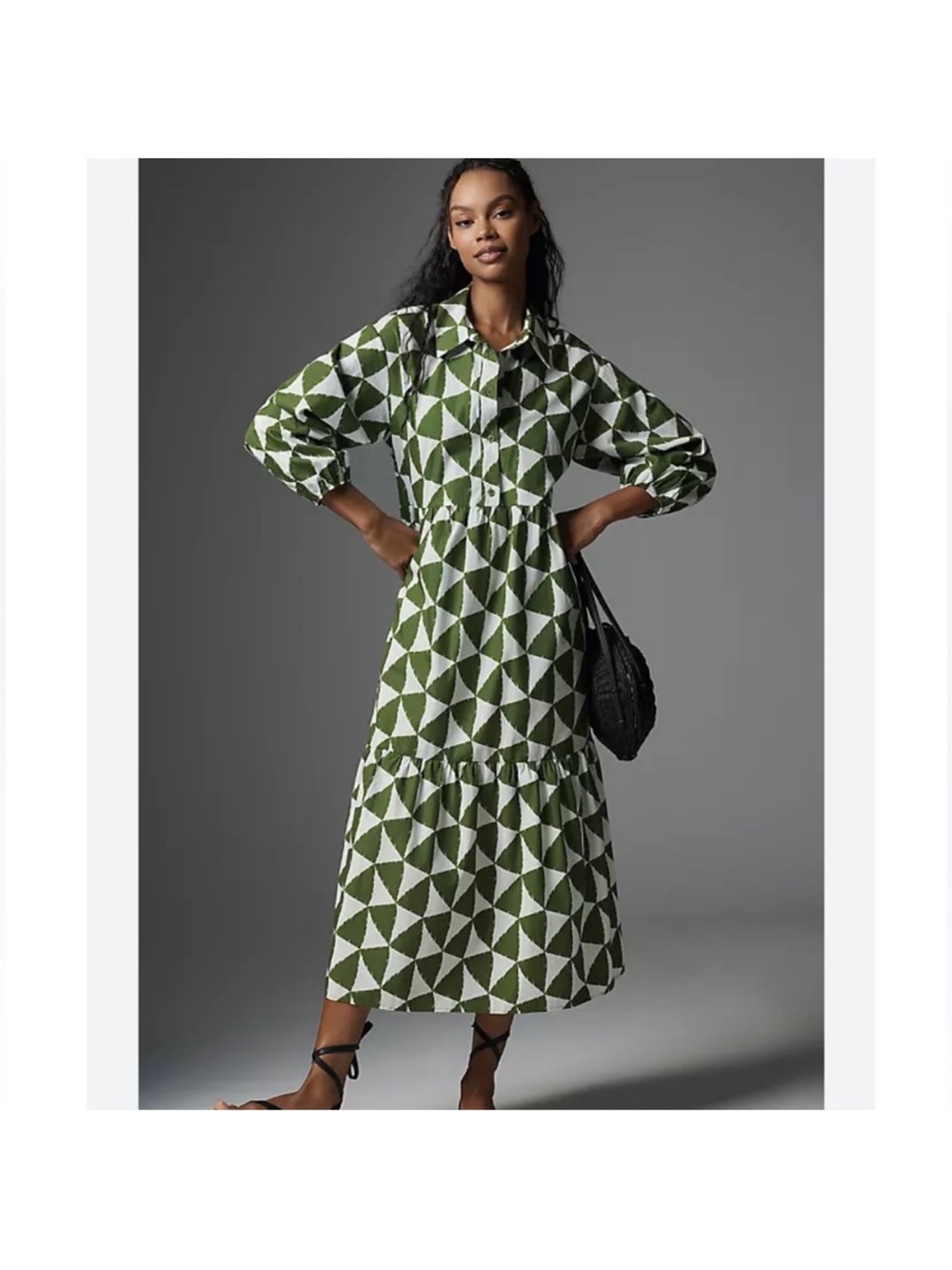 Maeve Anthropologie The Bettina Cotton Poplin Tiered Pullover Shirt Dress Green